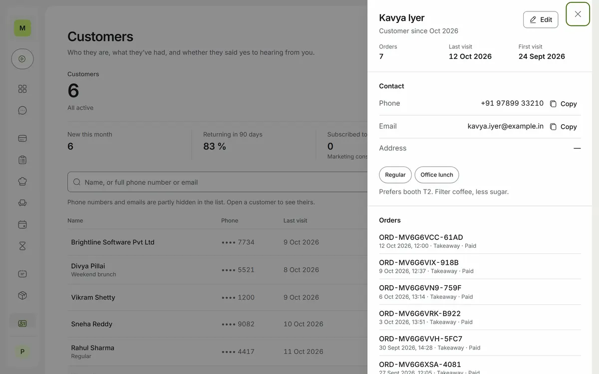 A customer's profile with orders, visits, masked contact details, tags and notes.